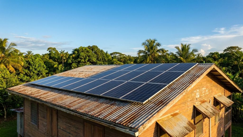 Panneaux solaires sur toiture en tôle à Kourou, Guyane