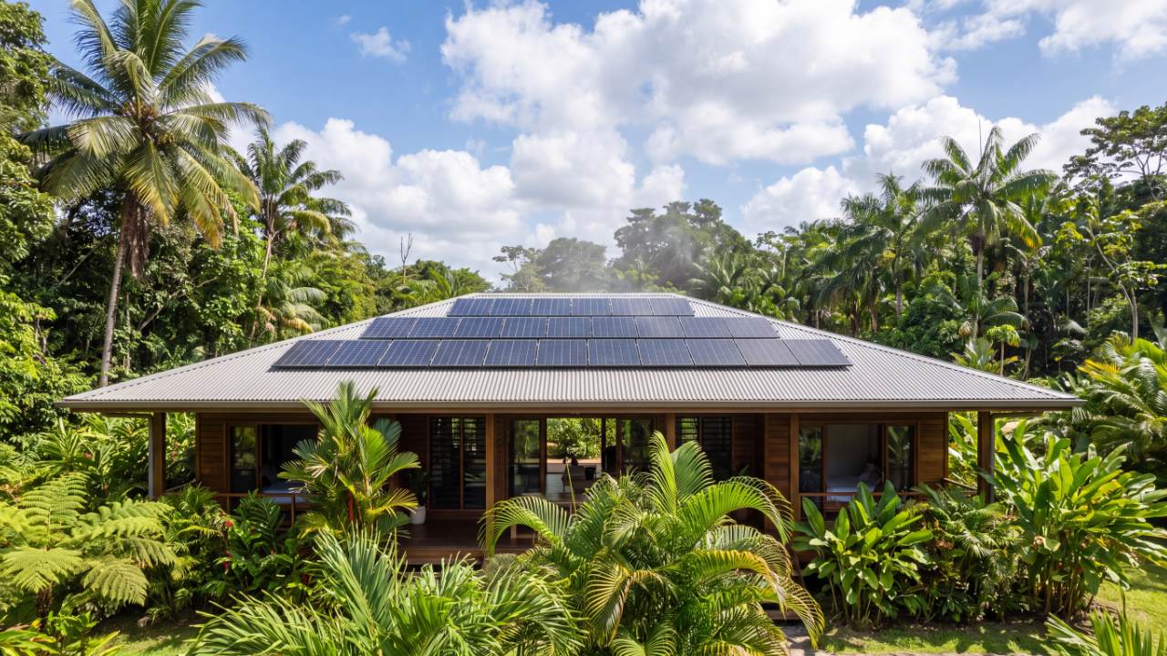 Panneaux solaires installés sur une toiture tôle à Matoury, Guyane