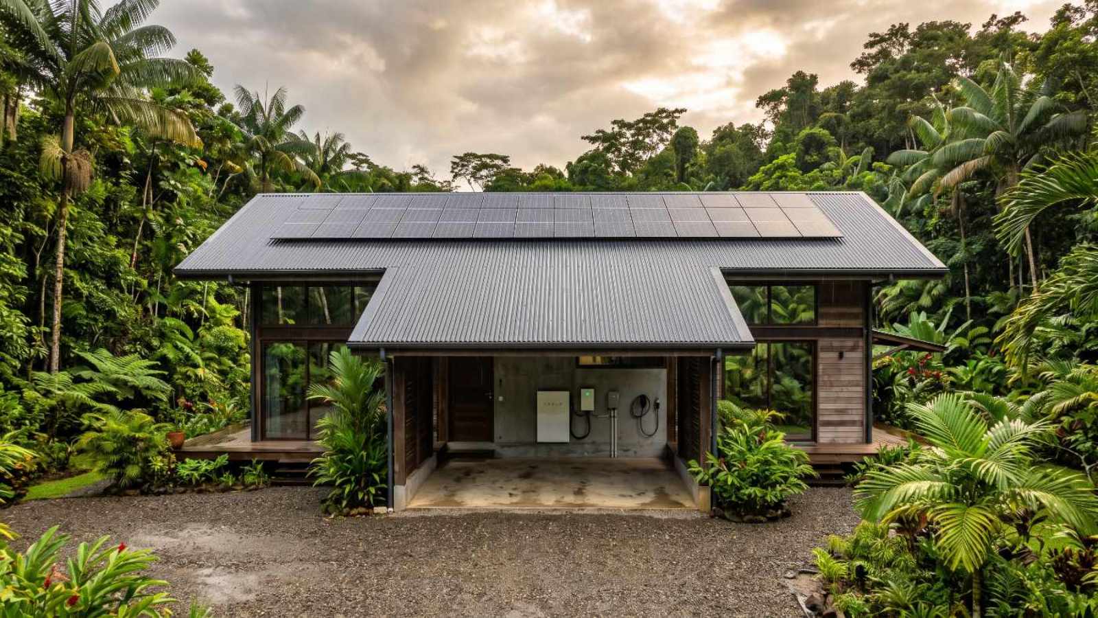 Coupures de courant en Guyane : maison solaire autonome avec panneaux et batterie